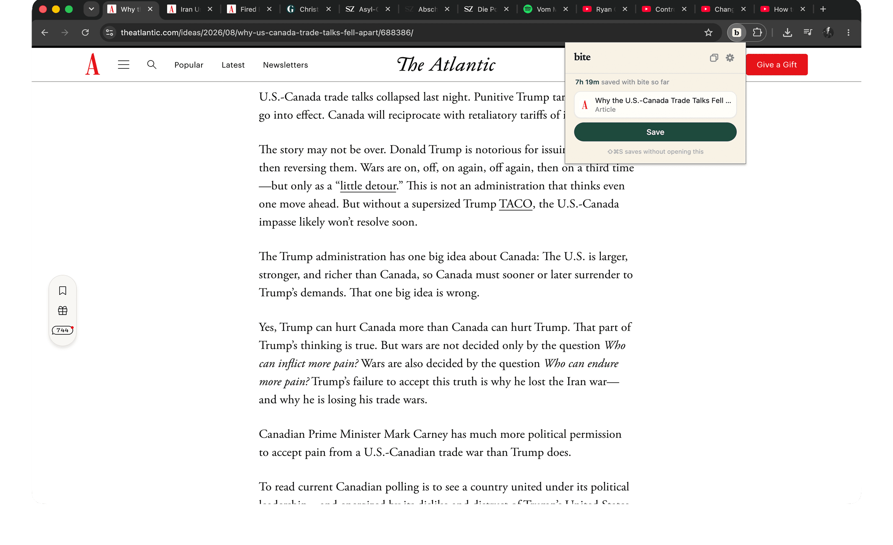 The bite extension open in Chrome over an article, showing a Save button and the time saved so far